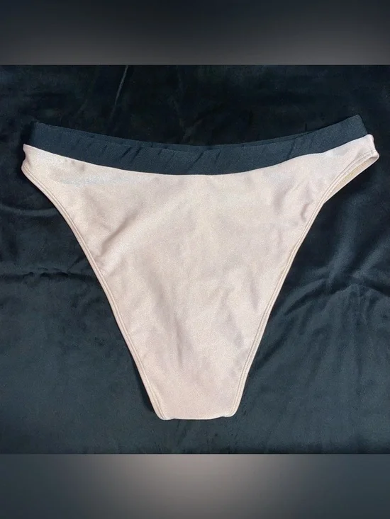 High Waisted Blush Pink Bikini Bottoms with Black Waistband - Picture 2 of 4